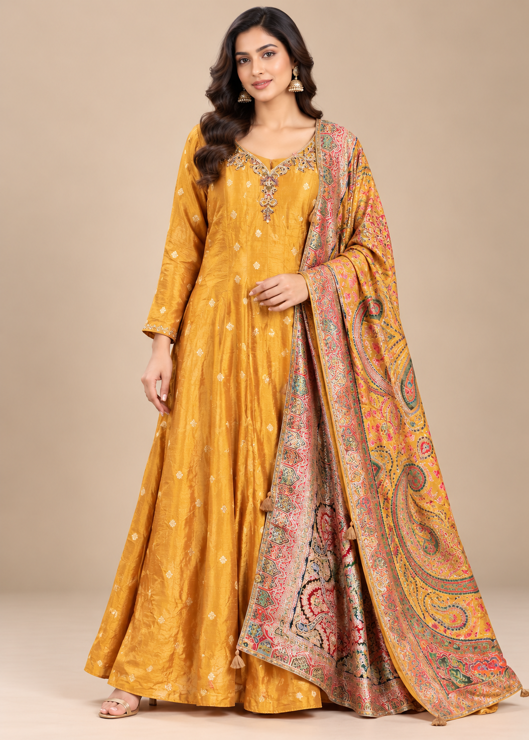 Opulent Mustard Silk Anarkali with Kalamkari Paisley Dupatta Main image
