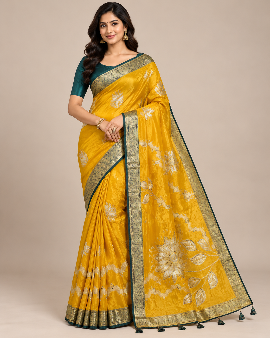 Mustard Yellow Floral Silver Zari Silk Saree Main image