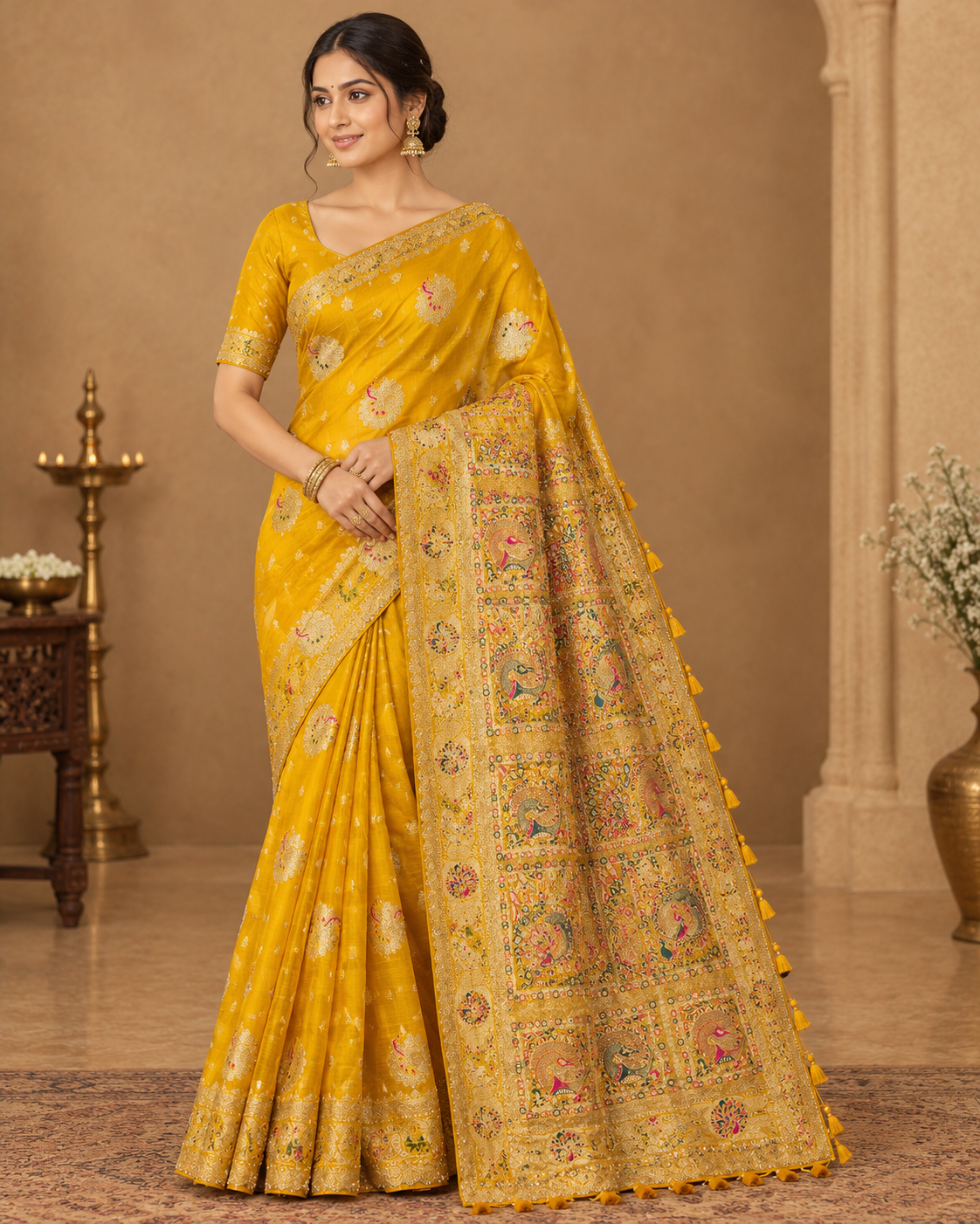 Mustard Yellow Meenakari Paithani Silk Saree Main image