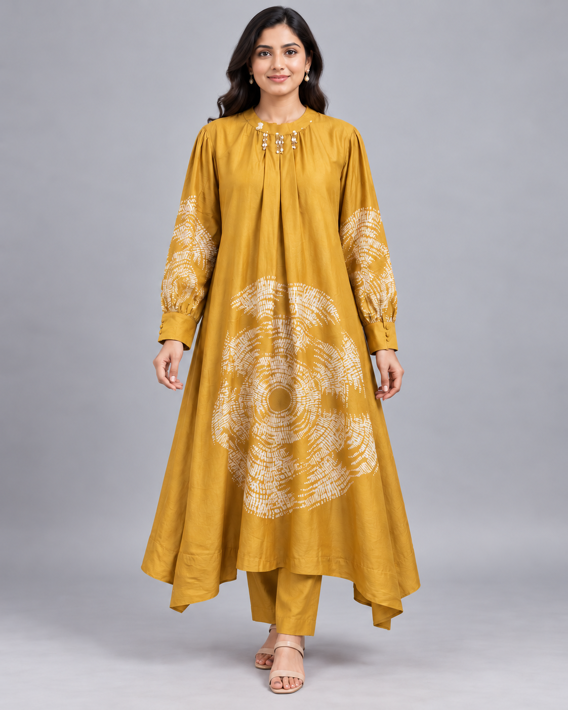 Mustard Printed A-Line Kurti with Asymmetric Hem