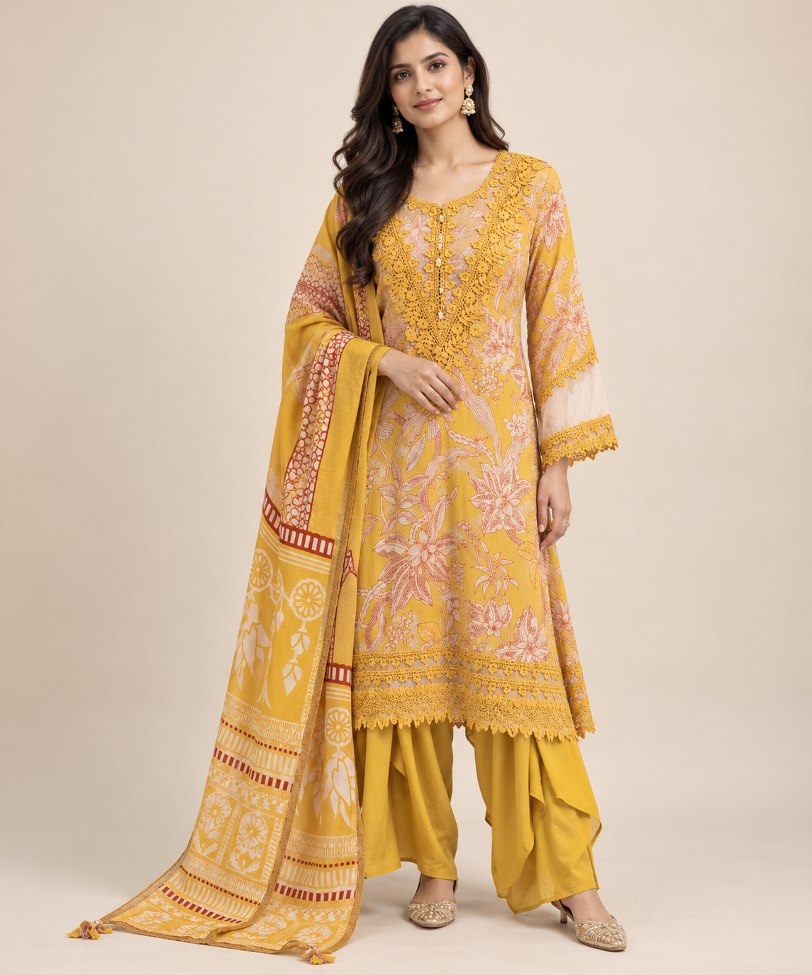 Mustard Yellow Printed Floral Kurta & Salwar Suit Set