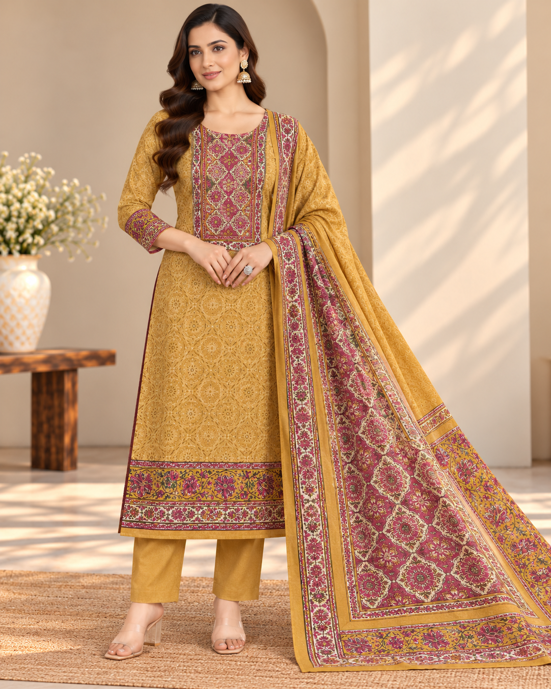 Mustard Gold Suit Fabric with Magenta Heritage Print Dupatta