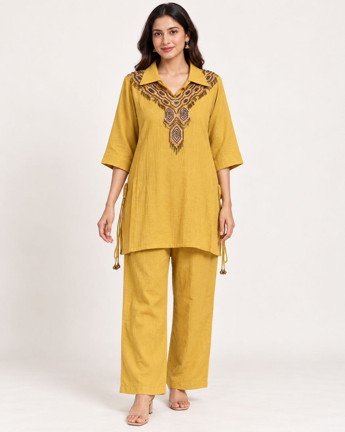 Mustard Embellished Collared Tunic Trouser Set