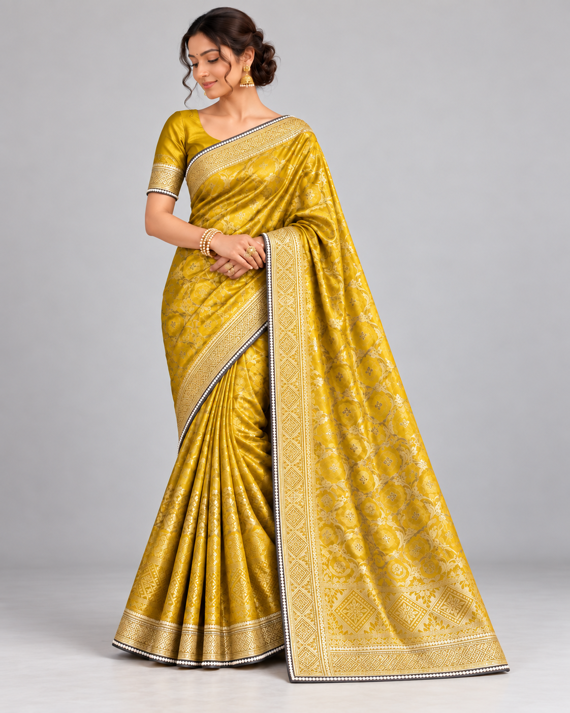 Mustard Floral Patterned Saree with Geometric Border Main image