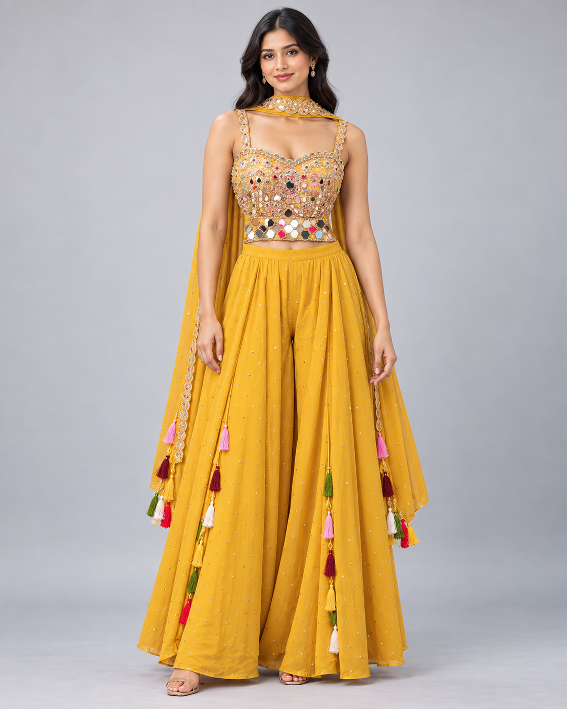 Mustard Mirrorwork Palazzo Set with Choker Dupatta