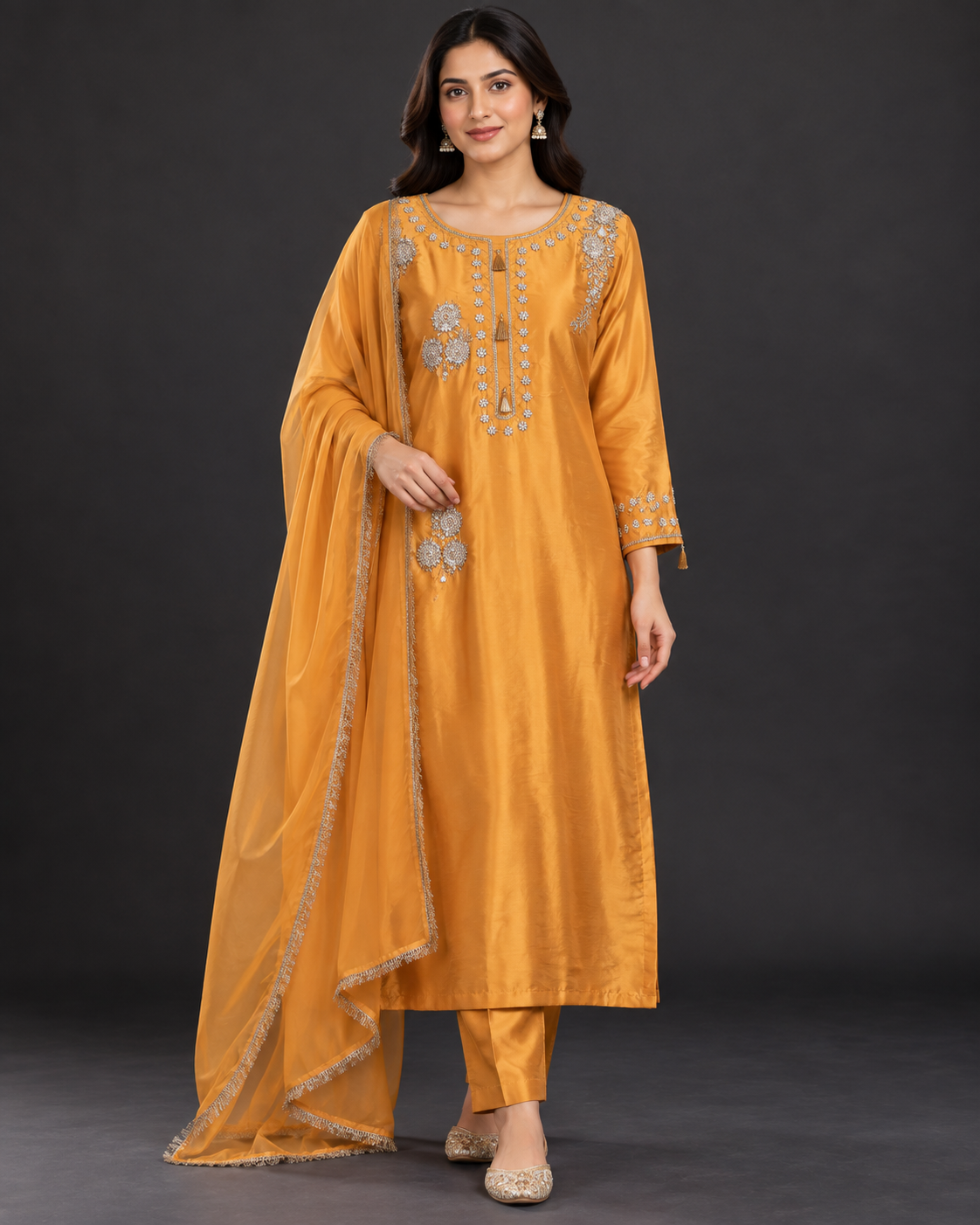 Mustard Yellow Silk Kurta Set with Silver Zardozi Embroidery