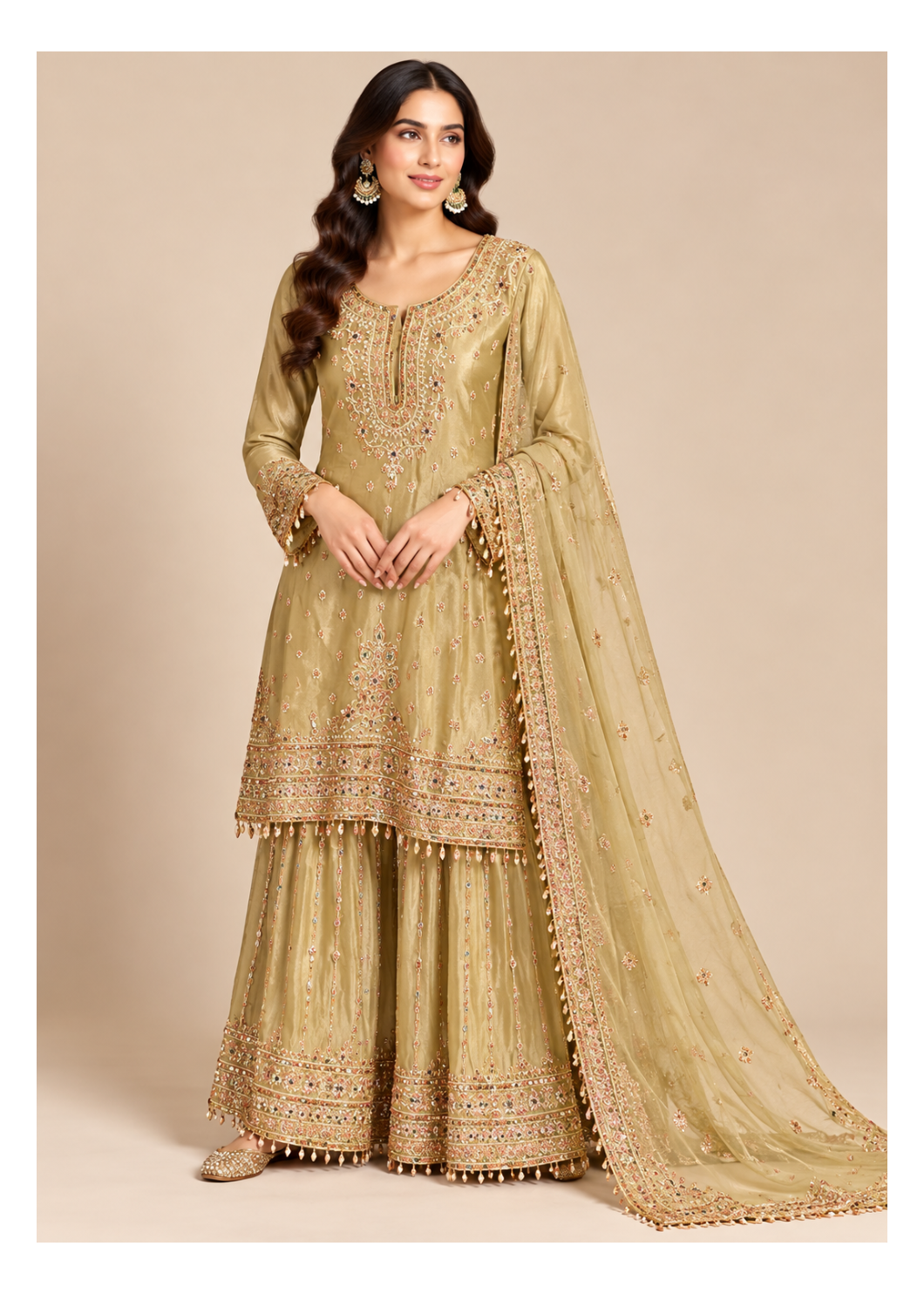 Olive-Gold Tissue-Silk Embroidered Kurti, Flared Sharara