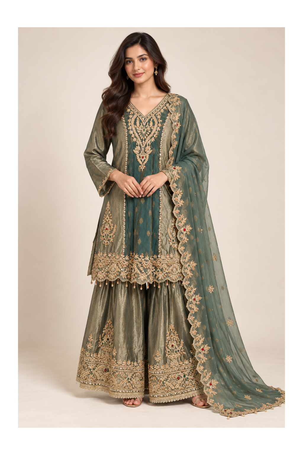Sage-Bronze Accordion-Pleated Kurti, Flared Sharara