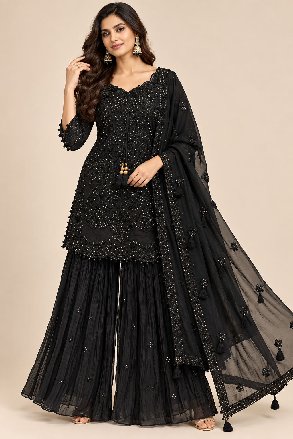 Midnight Black Hand-Embroidered Kurti &amp; Flared Sharara Set with Dupatta Main image