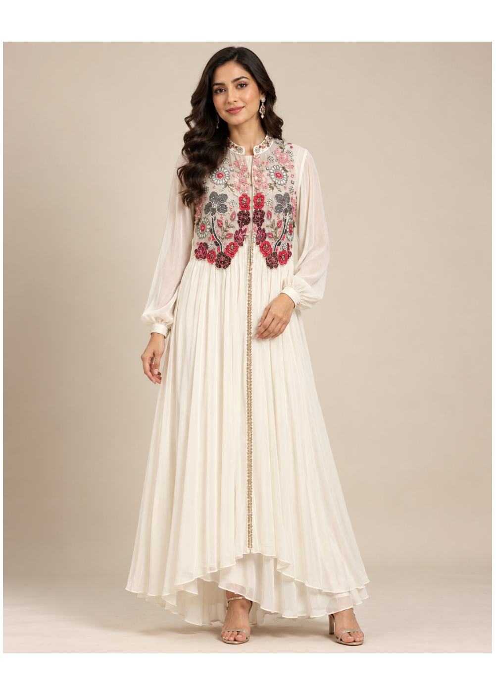 Elegant Ivory Floral Embroidered Anarkali Gown