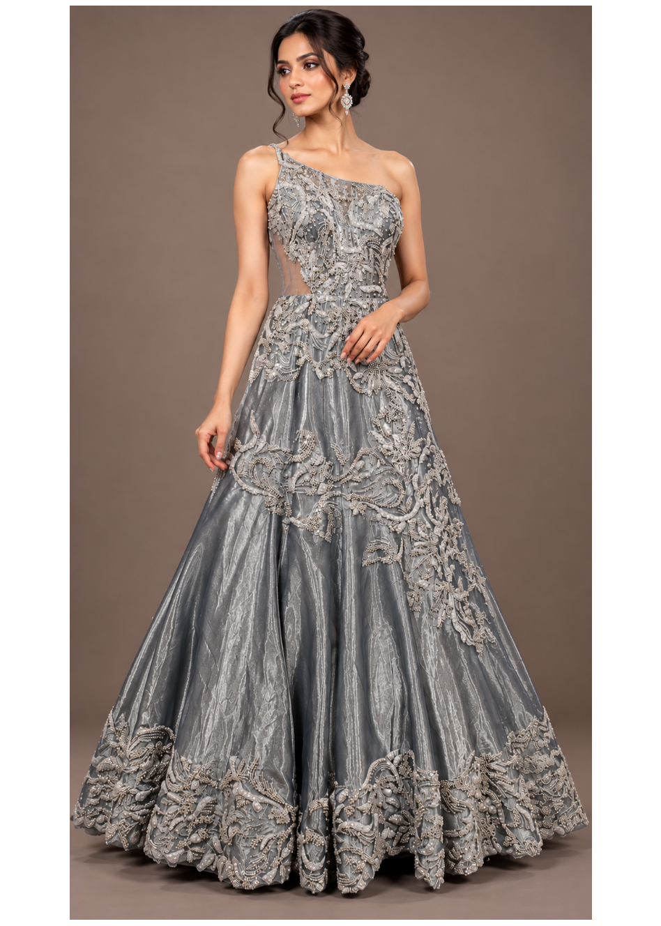 Steel Grey One-Shoulder Embroidered Evening Gown