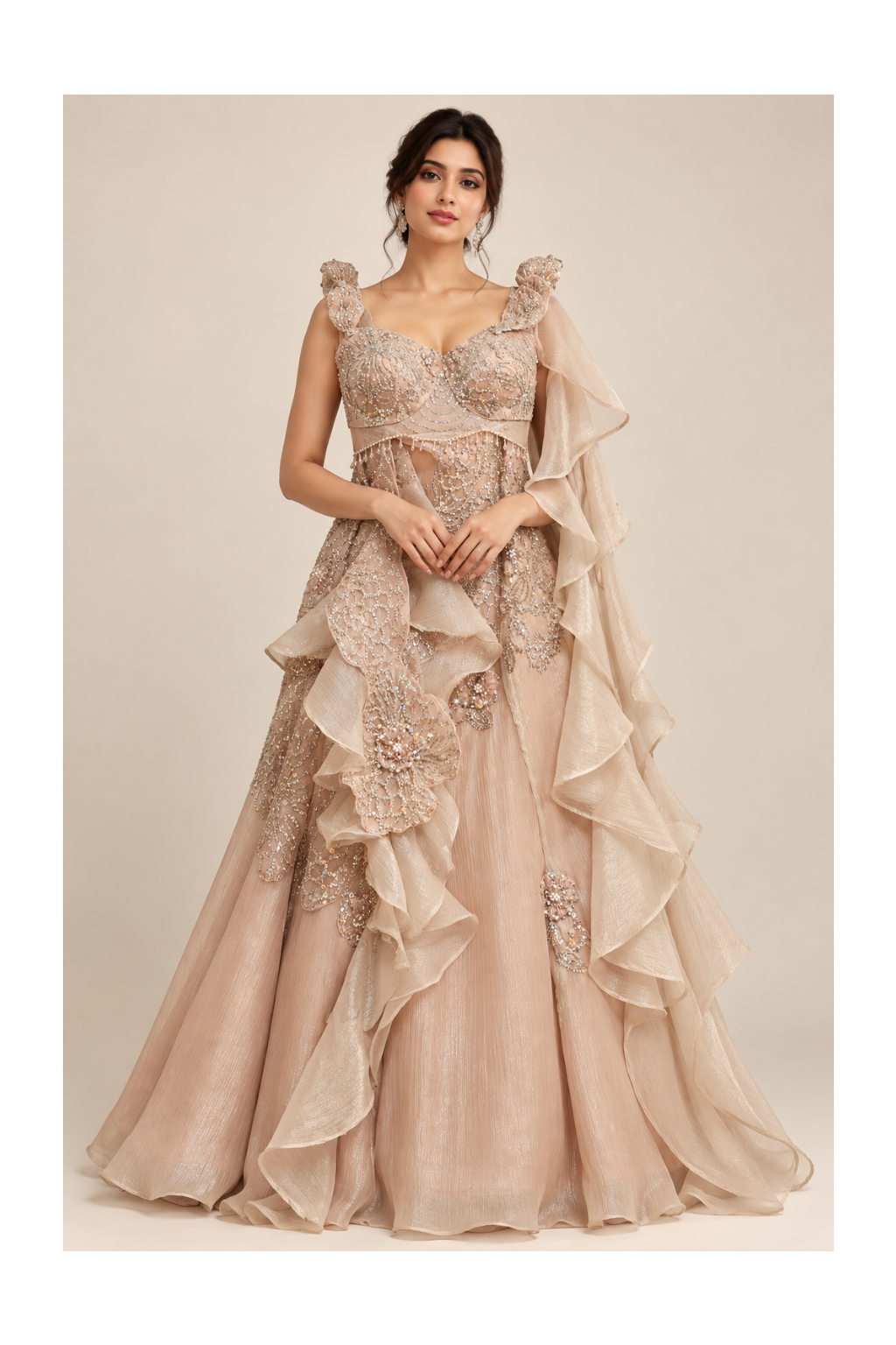 Blush Champagne Ruffled Embroidered Couture Gown