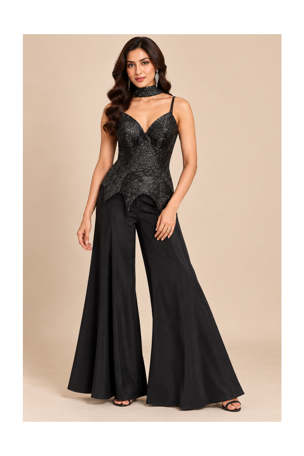 Midnight Black Sequin Peplum Corset & Palazzo Set