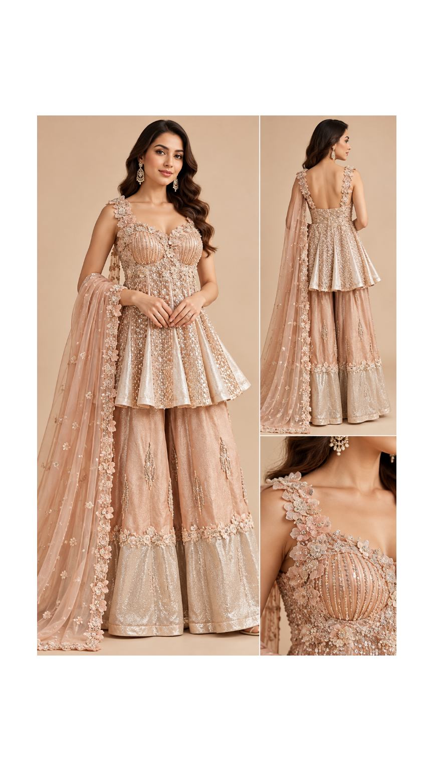 Blush Peach Embellished Peplum Sharara Set