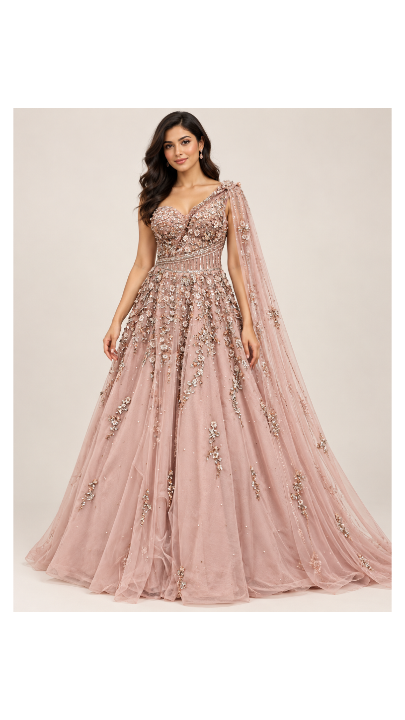 Dusty Rose 3D Floral Embellished Gown with Shoulder Cape Main image