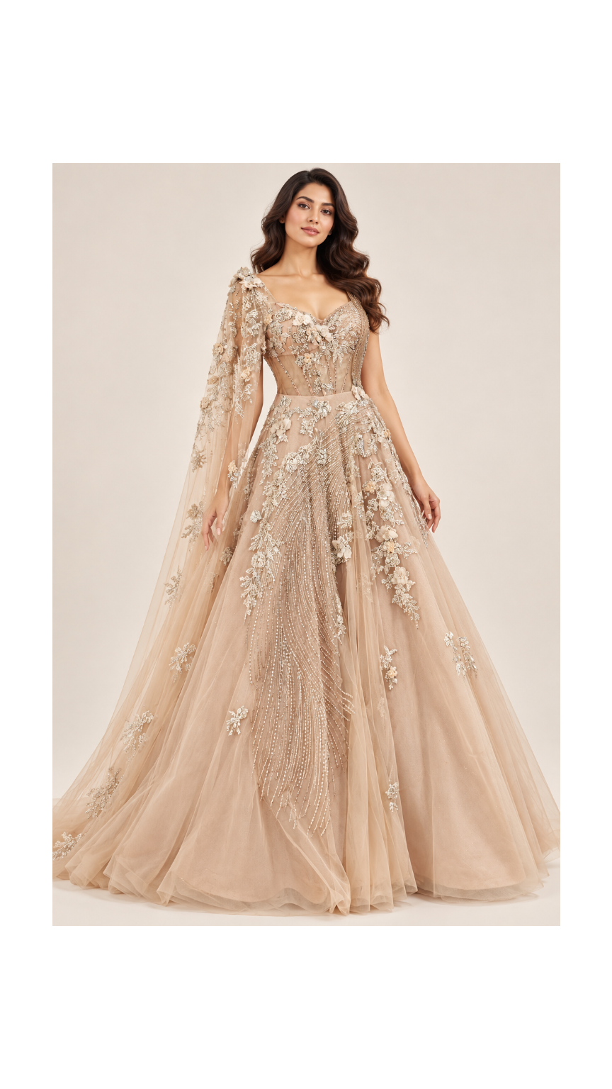 Champagne Nude 3D Floral Corset Ballgown with Cape Sleeve