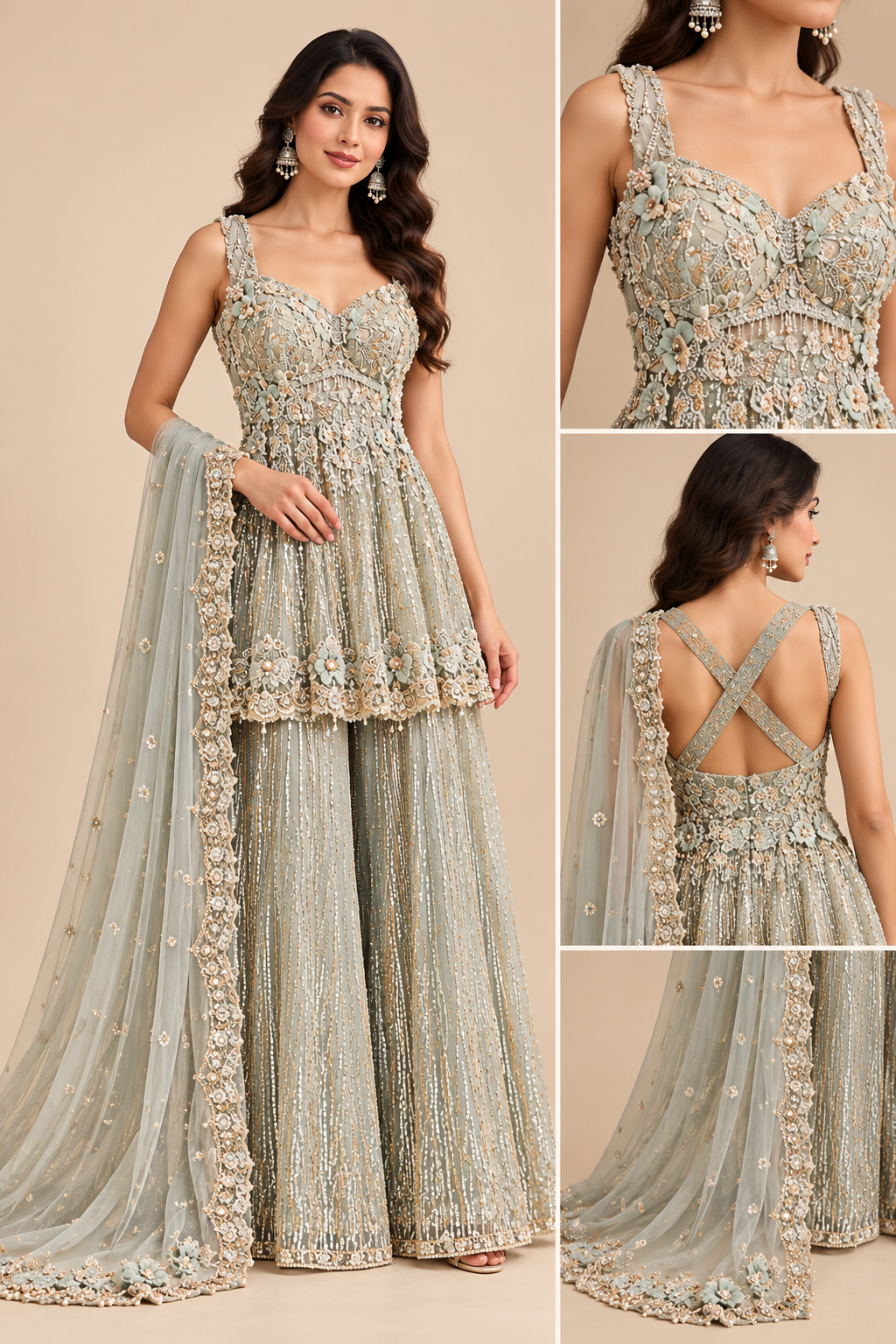 Pistachio Sage Embellished Peplum Sharara Set