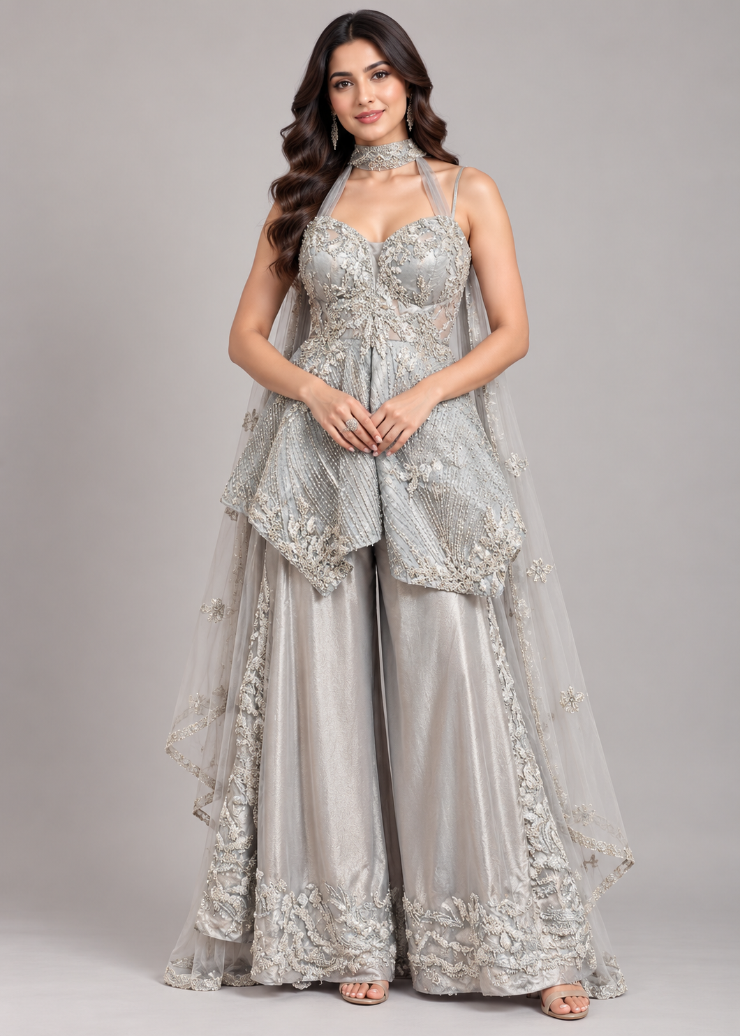 Metallic Ice Blue Embellished Peplum Top, Flared Sharara