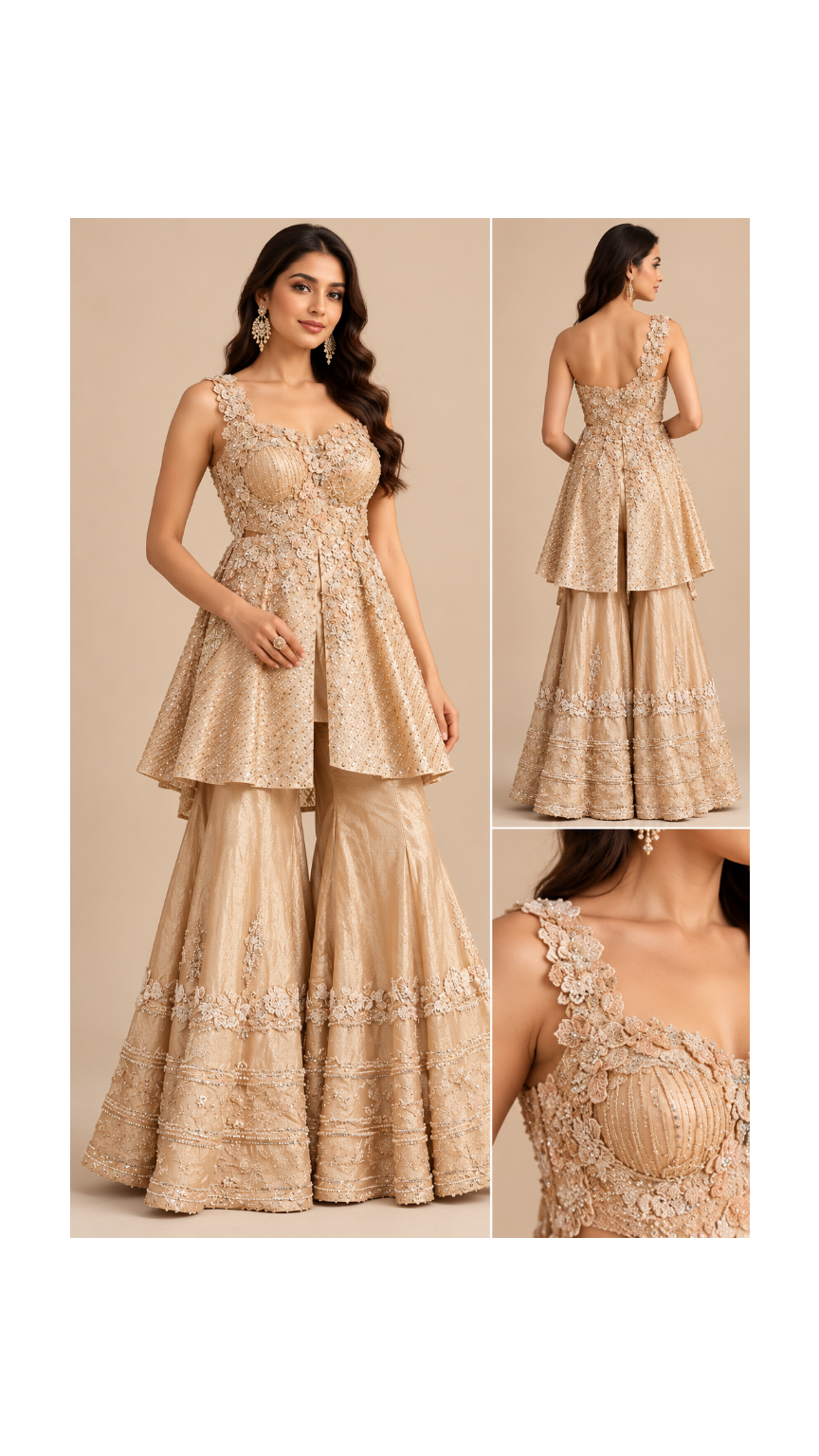Champagne Gold One-Shoulder Peplum Sharara Set Main image