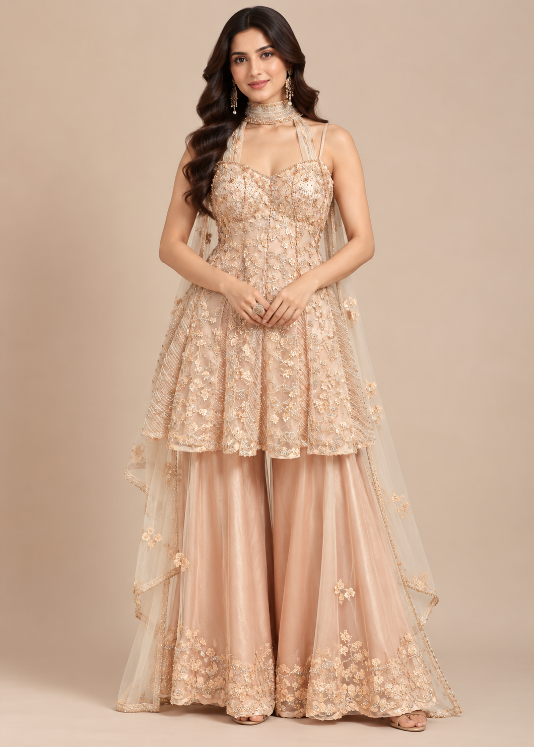 Blush Gold Embellished Peplum Kurti, Flared Sharara Main image