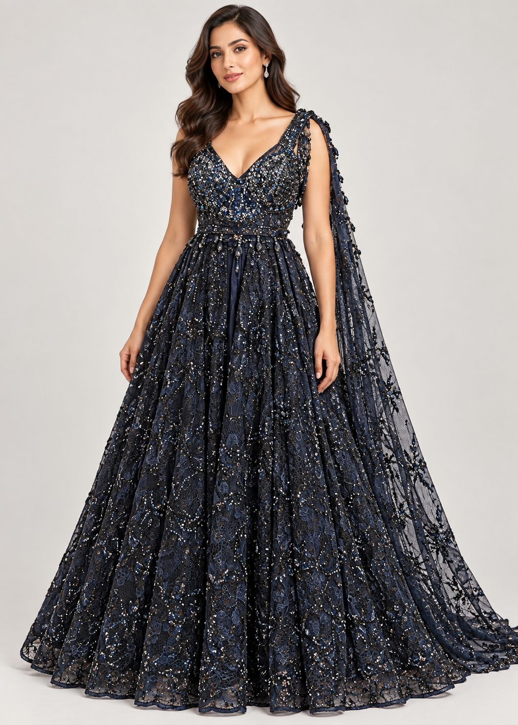 Midnight Blue Embellished Lace Ballgown with Shoulder Cape Drape Main image