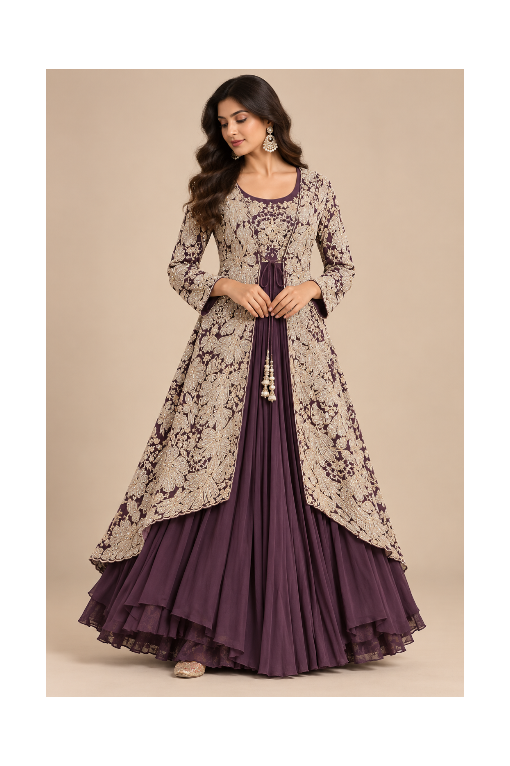 Plum Embroidered Long Jacket Gown Set