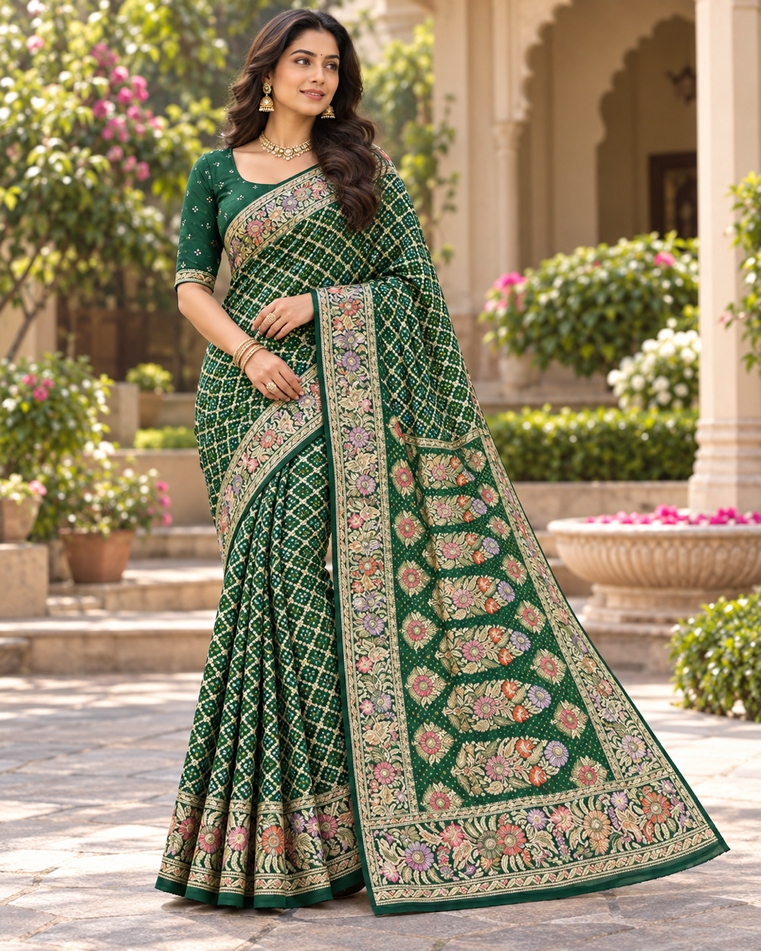 Emerald Green Saree with Woven Tilfi Floral Border