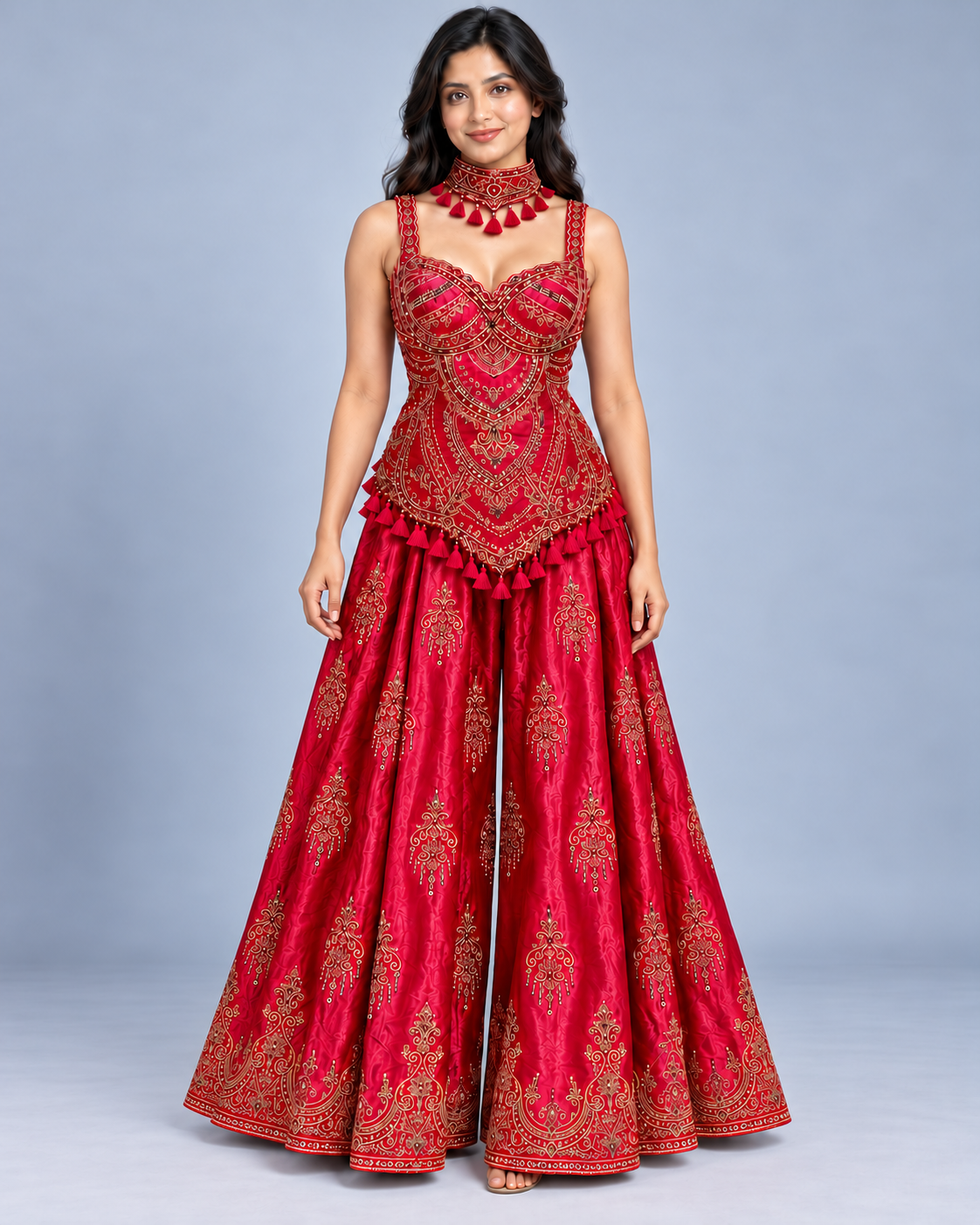 Crimson Red Embroidered Corset Sharara Set