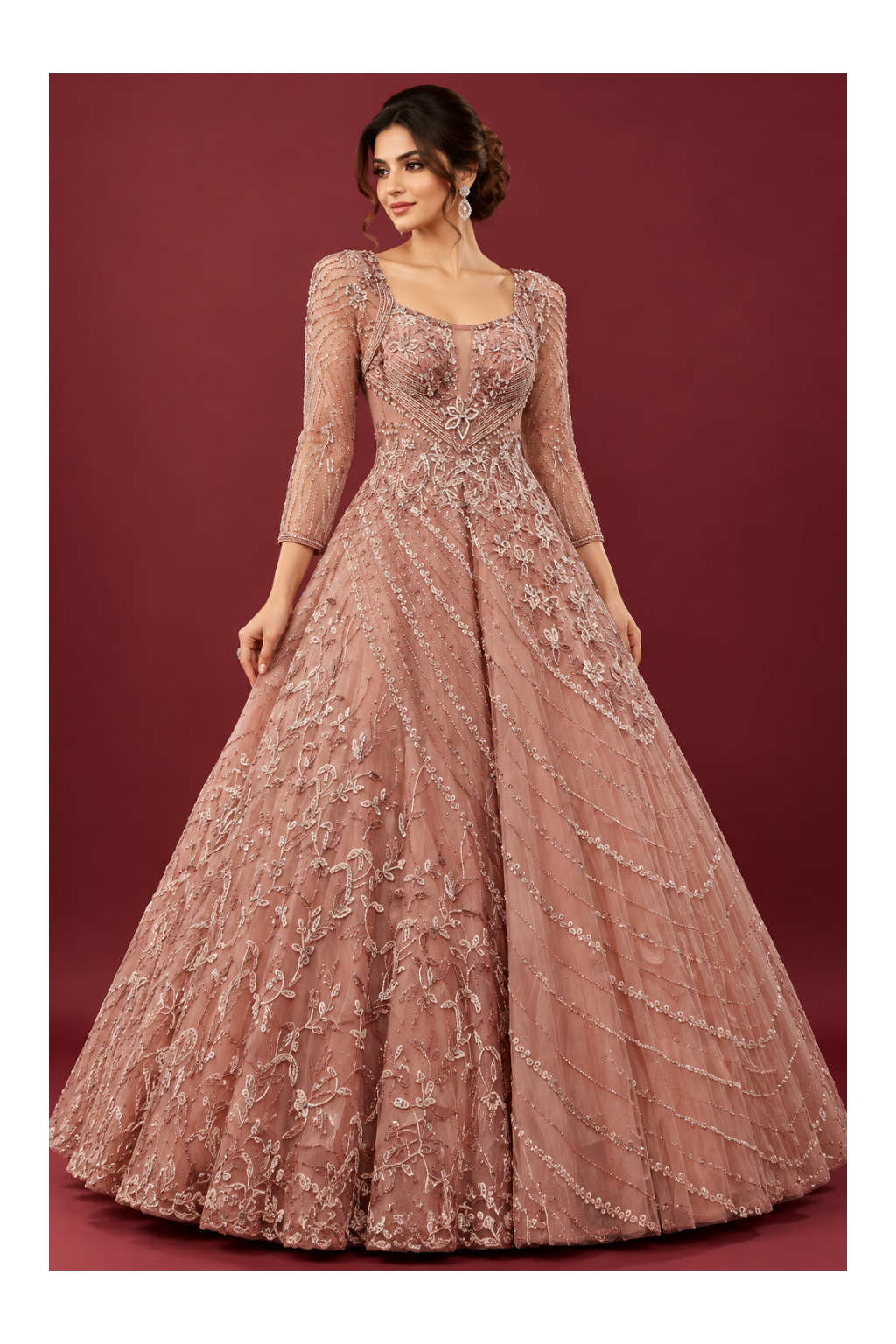 Dusty Rose Handcrafted Embroidered Ballgown Gown