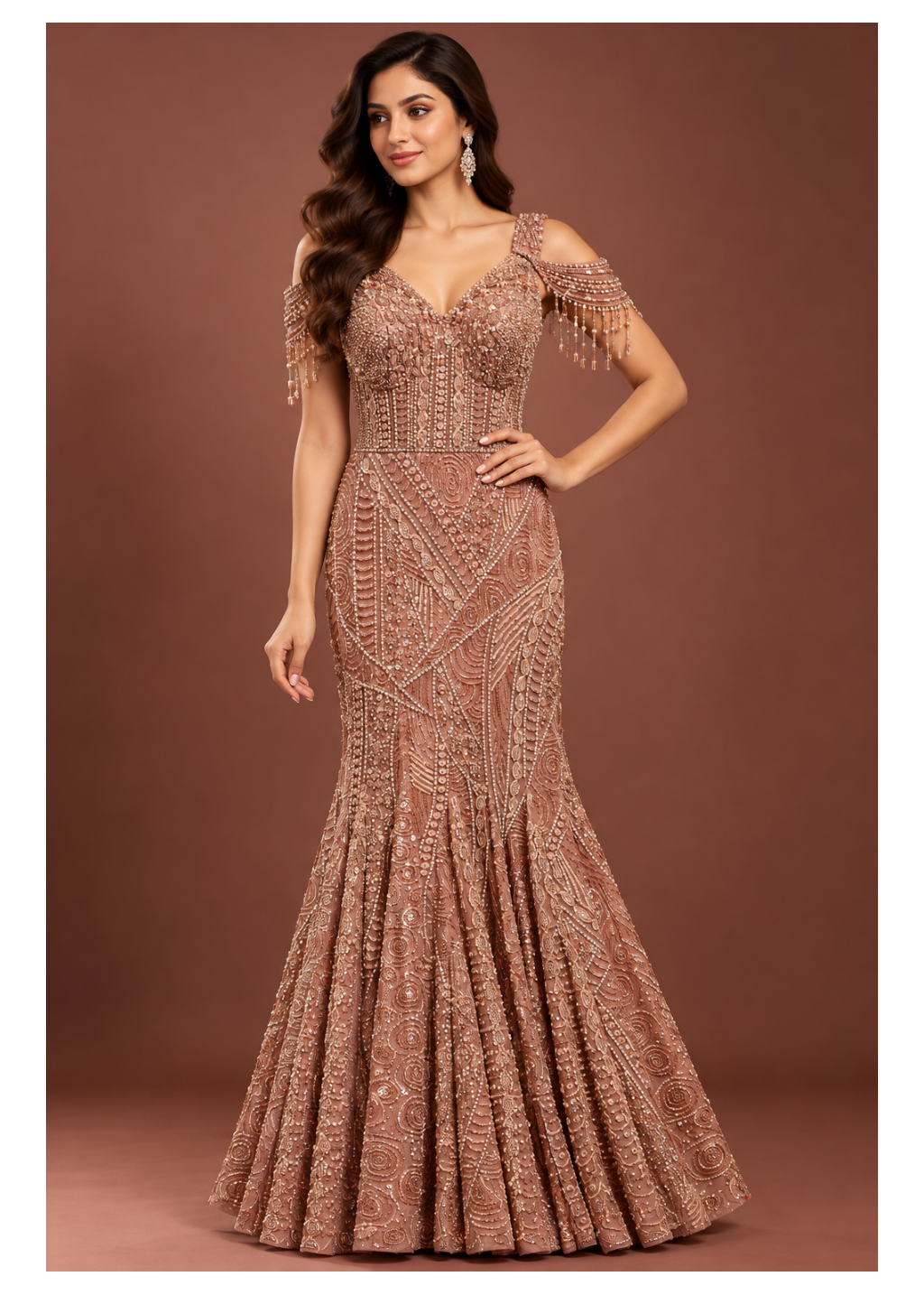 Dusty Rose Embellished Fishtail Mermaid Gown