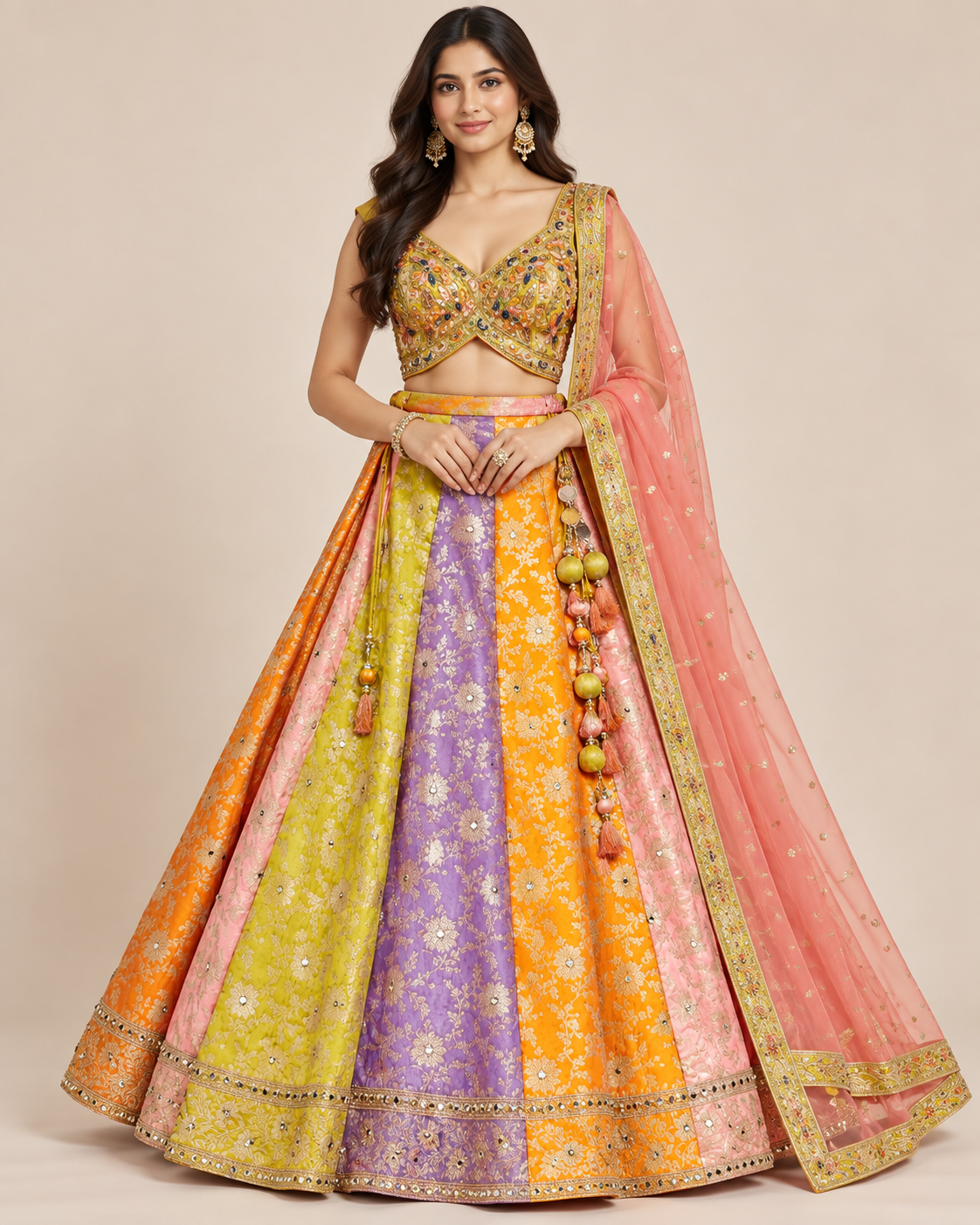 Multi-Colored Pastel Brocade Kalidar Lehenga Set with Coral Dupatta Main image