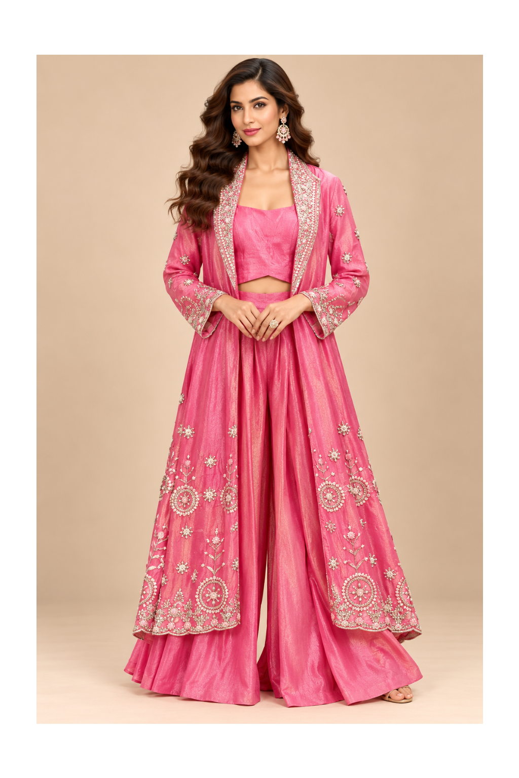 Candy Pink Embroidered Longline Jacket, Crop Top & Flared Sharara Set Main image