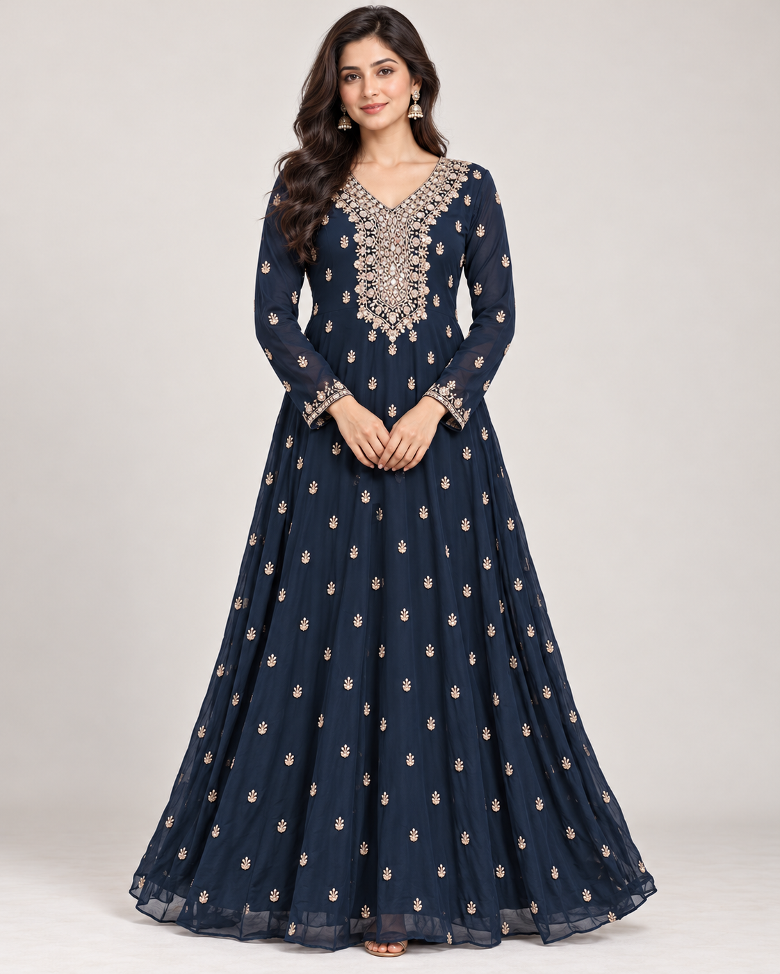 Royal Navy Blue Embroidered Anarkali Gown Main image