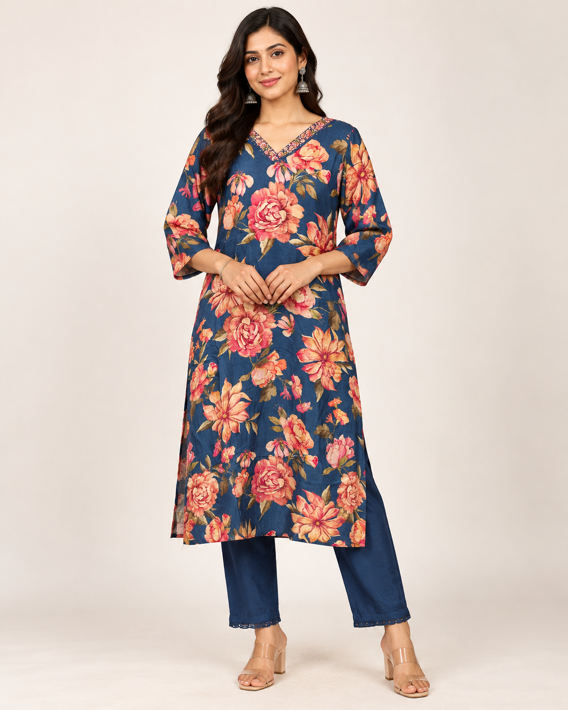 Navy Blue Floral Kurta Set Main image