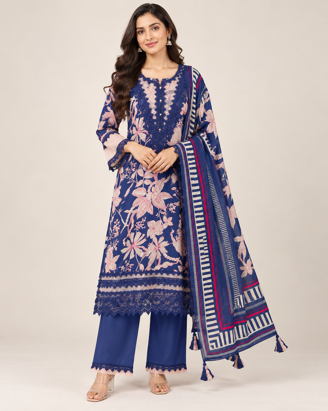 Navy Blue & Blush Pink Floral Printed Pakistani Suit Set Main image
