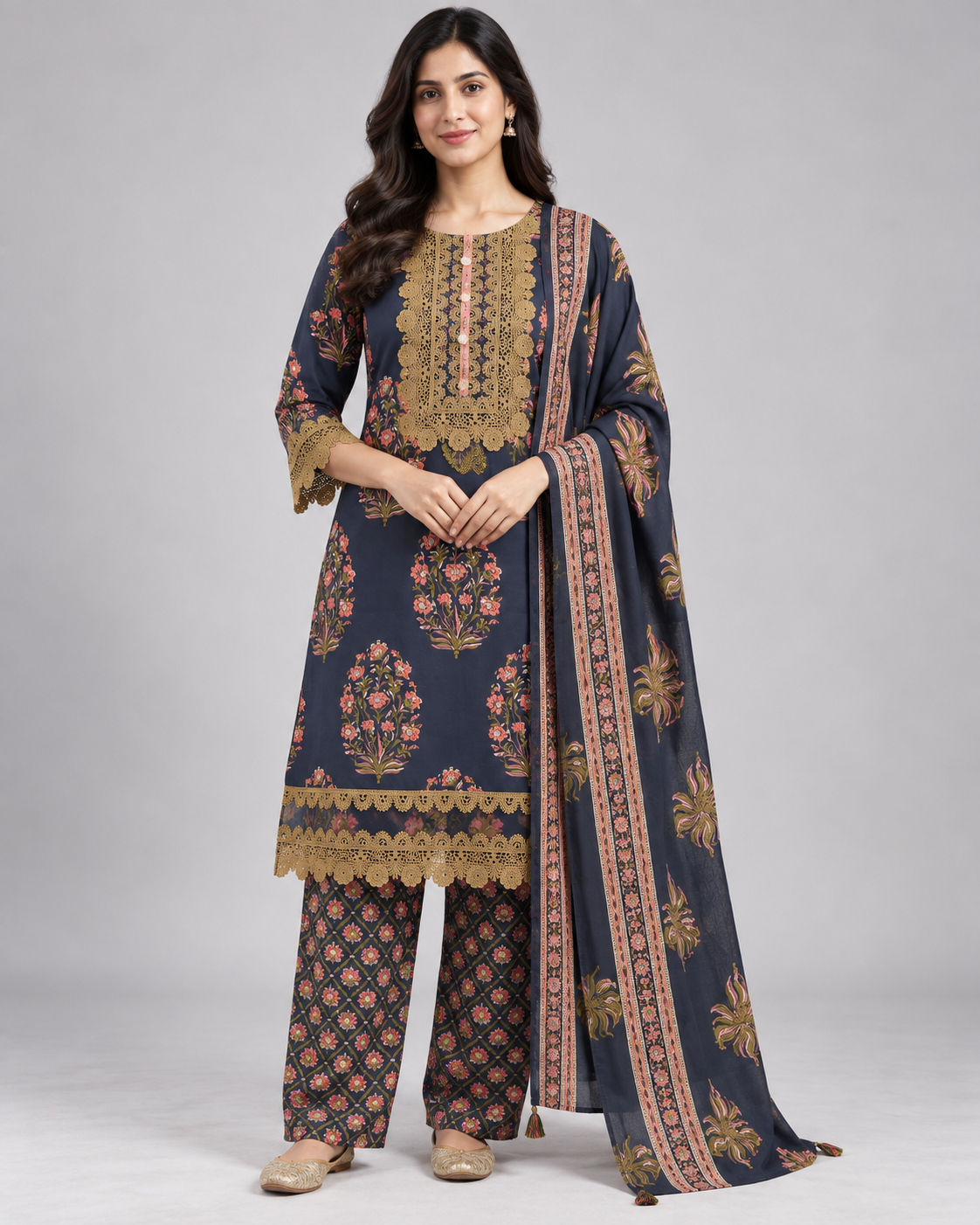 Navy Blue Floral Printed Pant Suit with Lace Detailing Main image