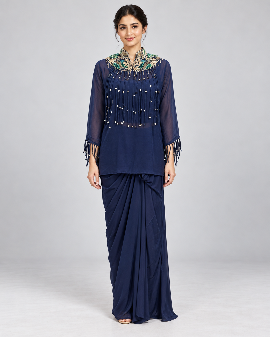 Navy Blue Embroidered Dhoti Style Set