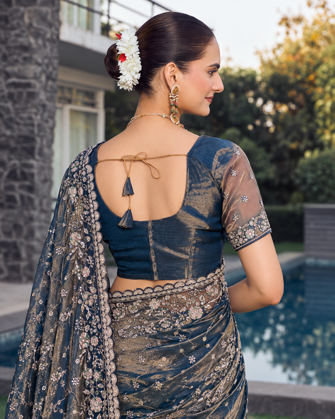 Navy Blue Organza Saree with Floral Embroidery