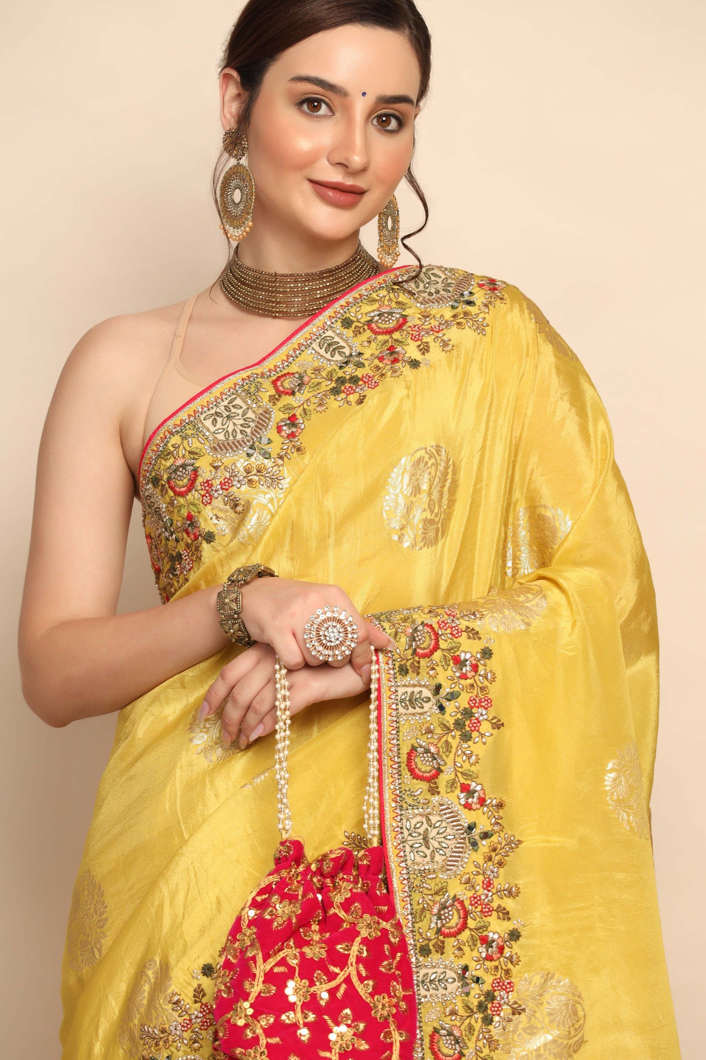 Radiant Yellow Color Silk Blend Saree with Thread Work, Sequins & Gota