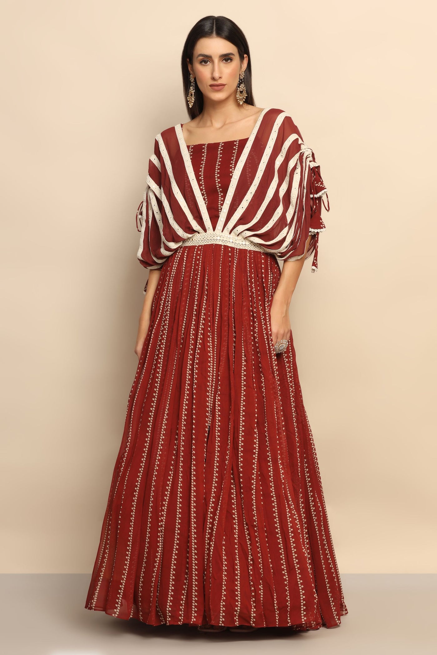Mystique Brown Georgette Dress with Mirror Thread Work