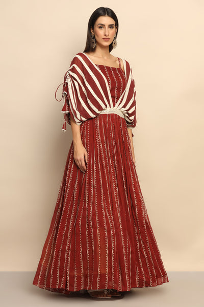 Mystique Brown Georgette Dress with Mirror Thread Work