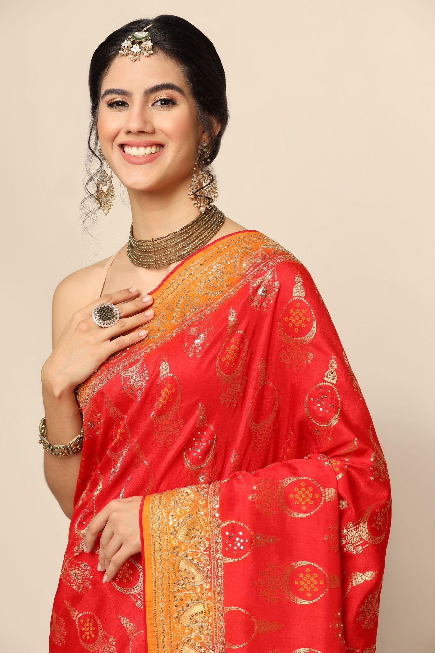 Graceful Fusion: Red and Mustard Silk Saree with Cut Dana, Sequins, and Pipe Work"