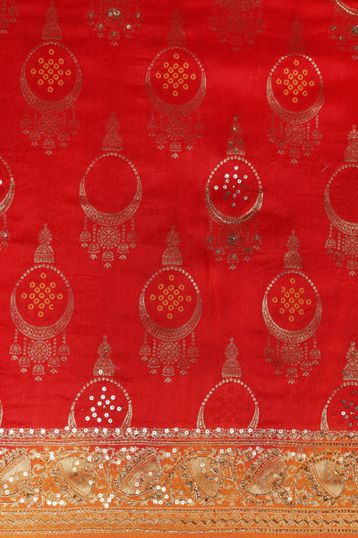 Graceful Fusion: Red and Mustard Silk Saree with Cut Dana, Sequins, and Pipe Work"