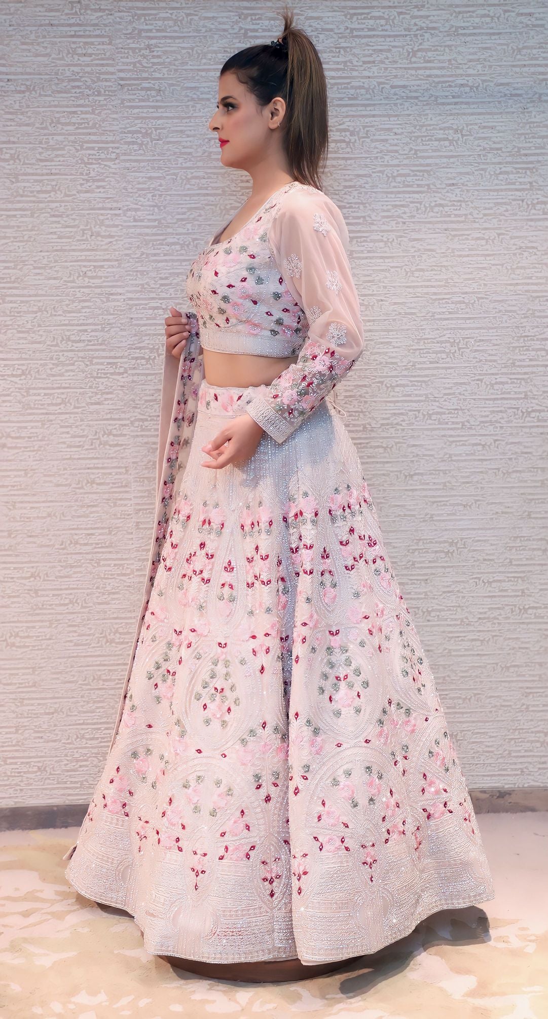 elegant pink color floral motif embroidered lehenga