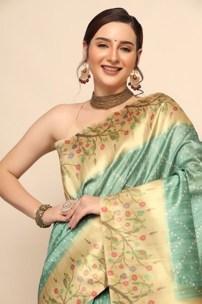 Stylish Green Printed Organza Blend Saree | Trendy Ethnic Wear