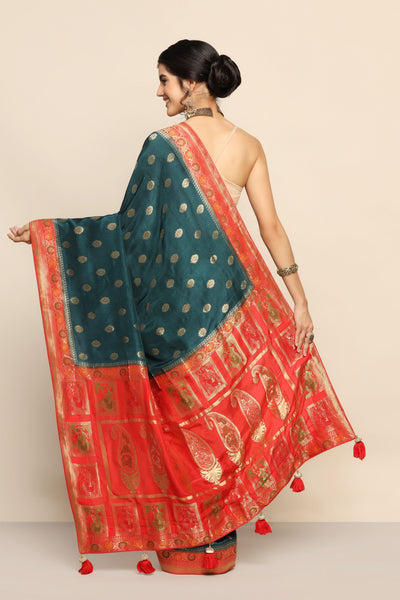 Timeless Elegance: Bottle Blue Silk Saree with Wide Border and Resham Embroidery