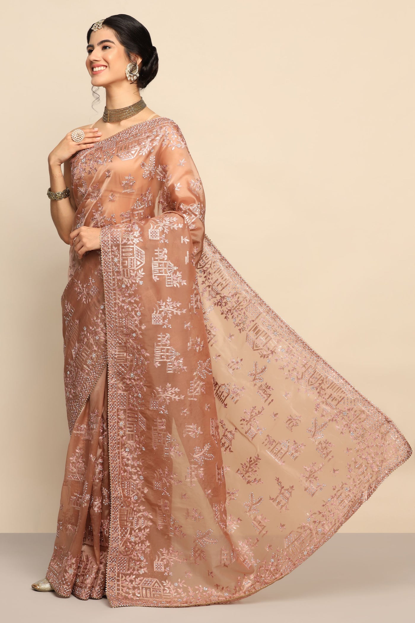 Glamorous Brown Sequins Saree with Thread Work and Zari Embellishments
