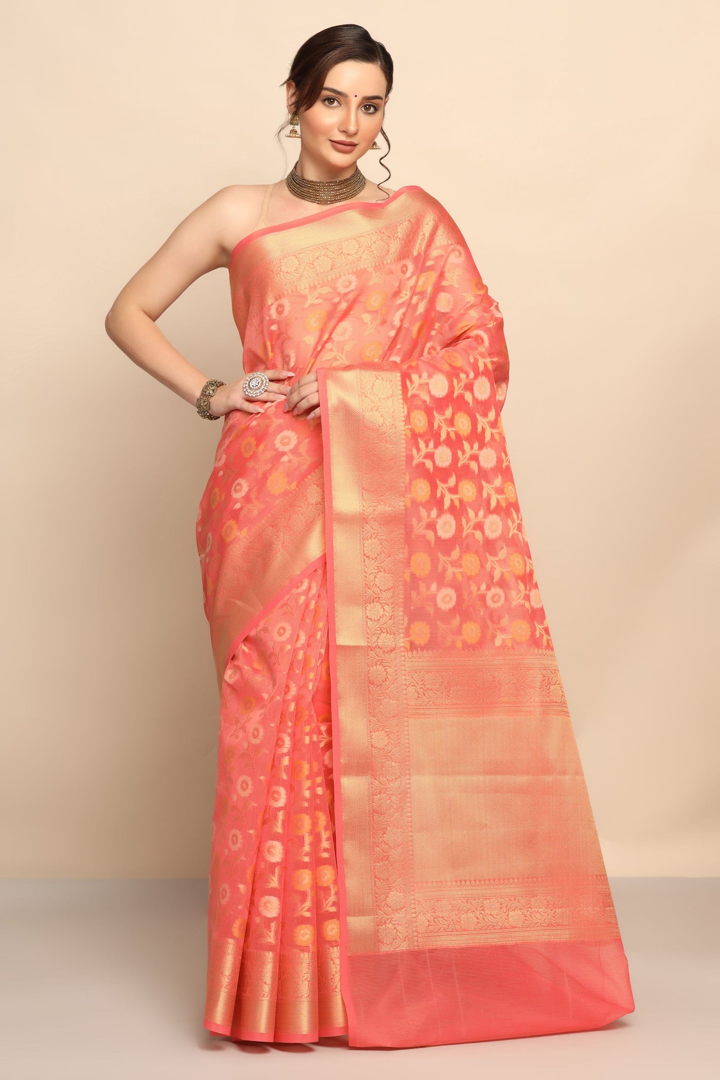 Whispering Petals: Peach Saree with Floral Motif in Cotton Silk