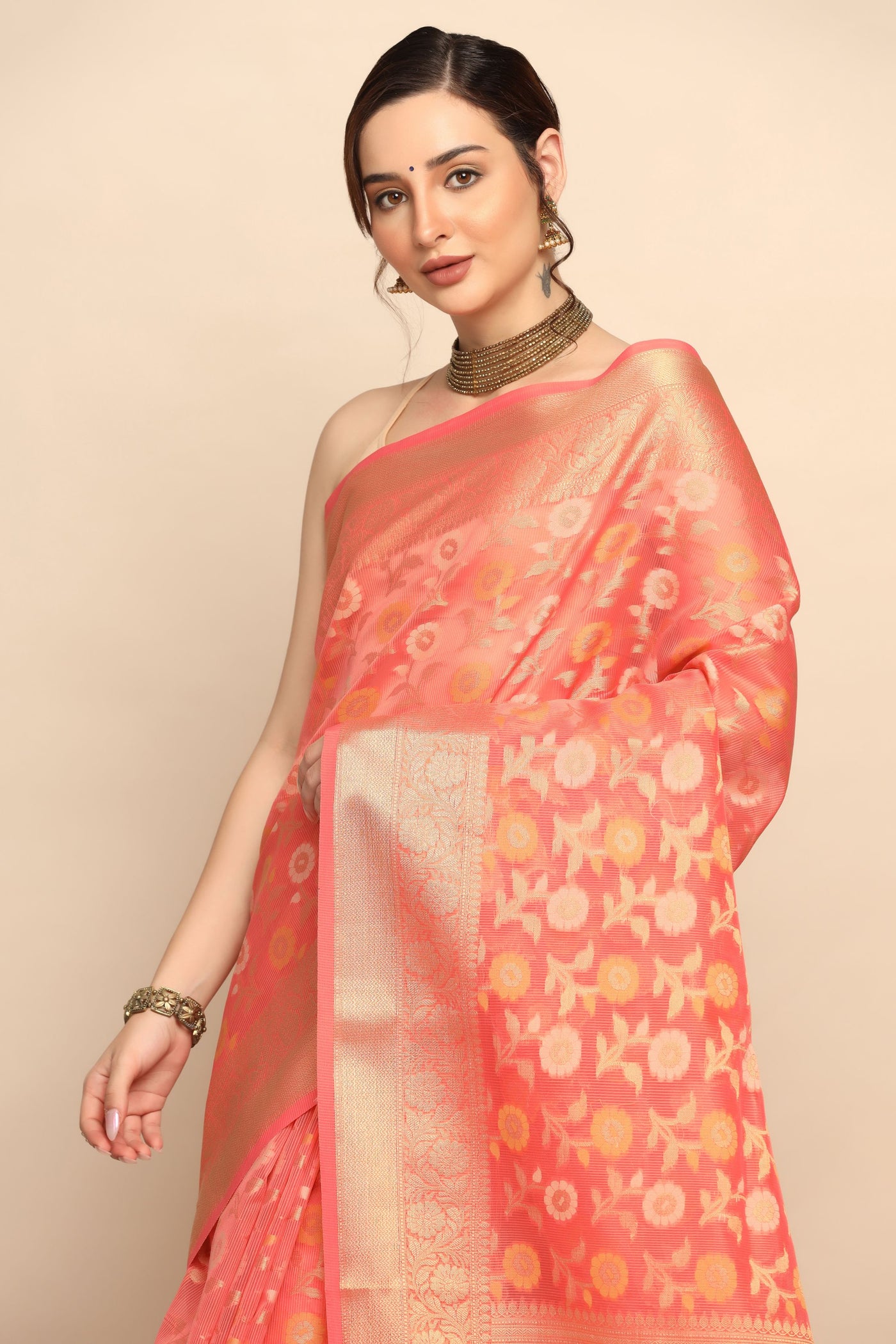 Whispering Petals: Peach Saree with Floral Motif in Cotton Silk