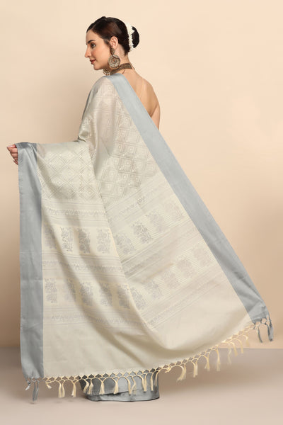 Timeless Grey Silk Saree with Intricate Floral Motif